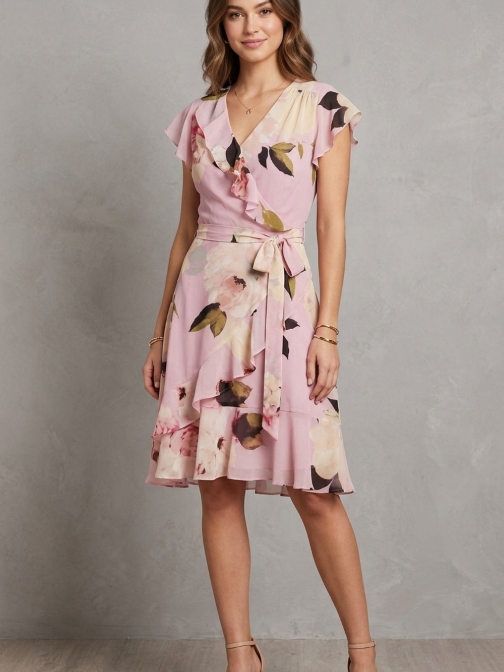 Danny & Nicole Blush Pink Floral Wrap Dress with Ruffle Hem